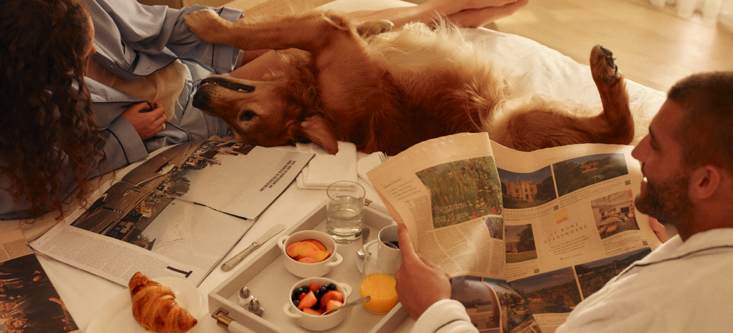 This image depicts a dog with a breakfast tray in bed with two people