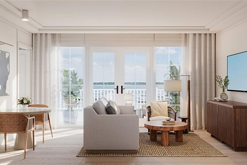 this image depicts a hotel room on a sunny day with water outside